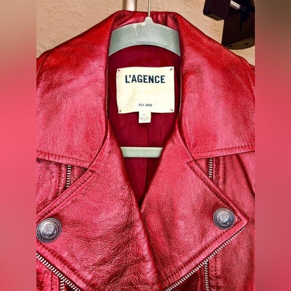 L’AGENCE Billie Lambskin Leather Red Foil Metallic Double Breasted Jacket XS - Picture 3 of 6